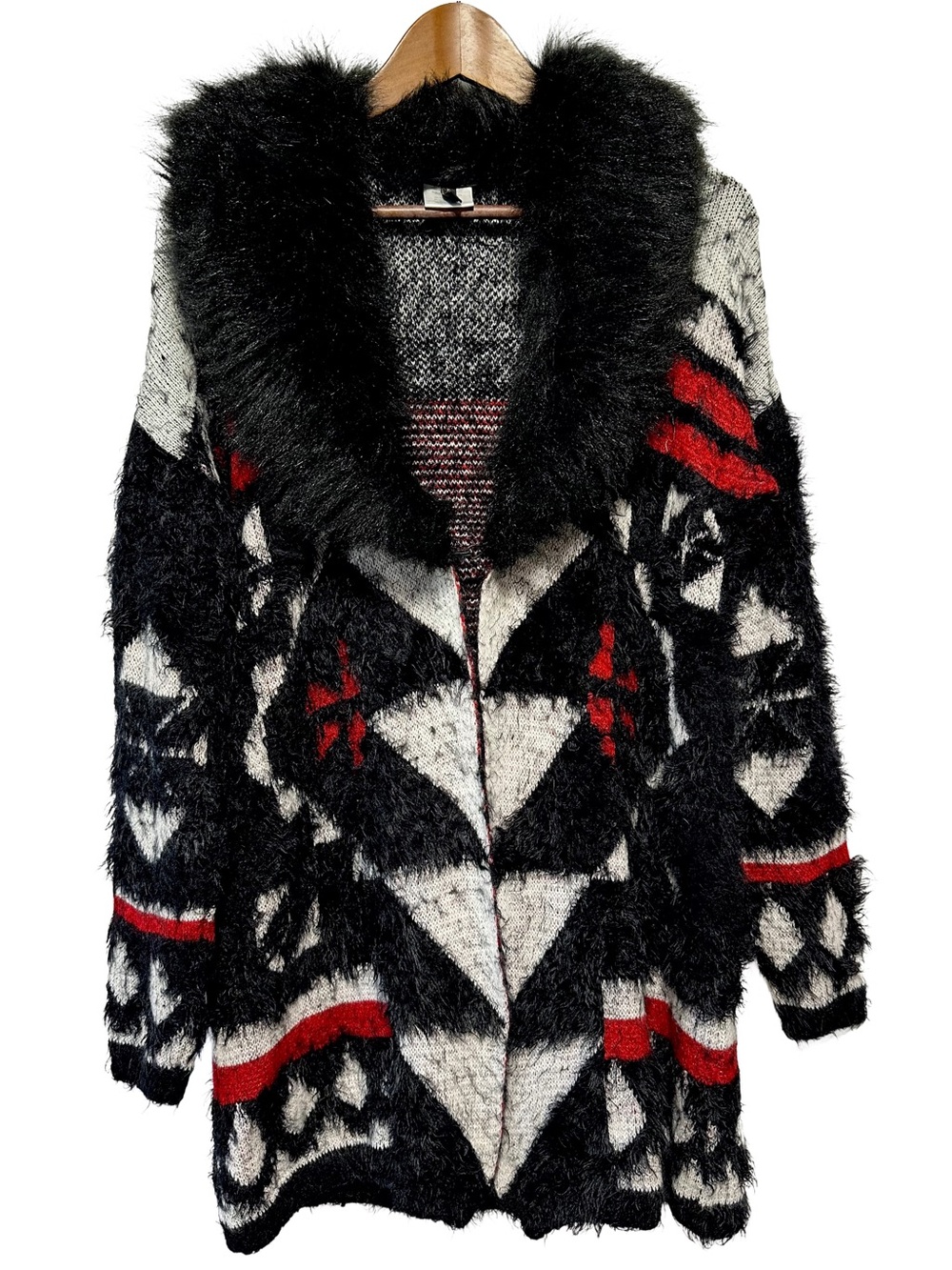 BCBGMAXAZRIA Faux Fur Collar Tribal Aztec Fuzzy Cardigan Sweater Boho Goth M
